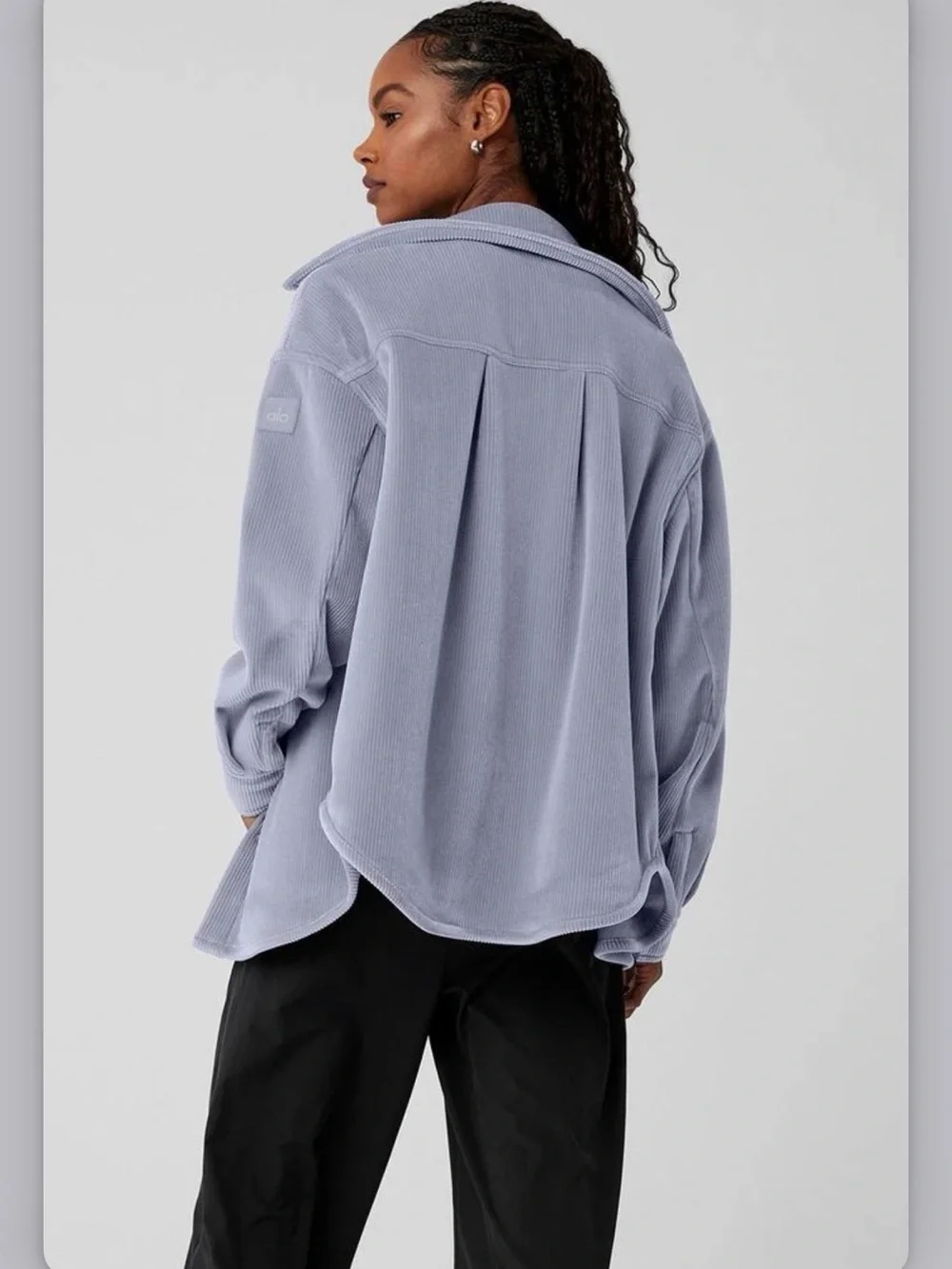 Women’s Corduroy Button-Up Shirt Jacket in Dusty Gray. ALO Yoga Velour Jacket